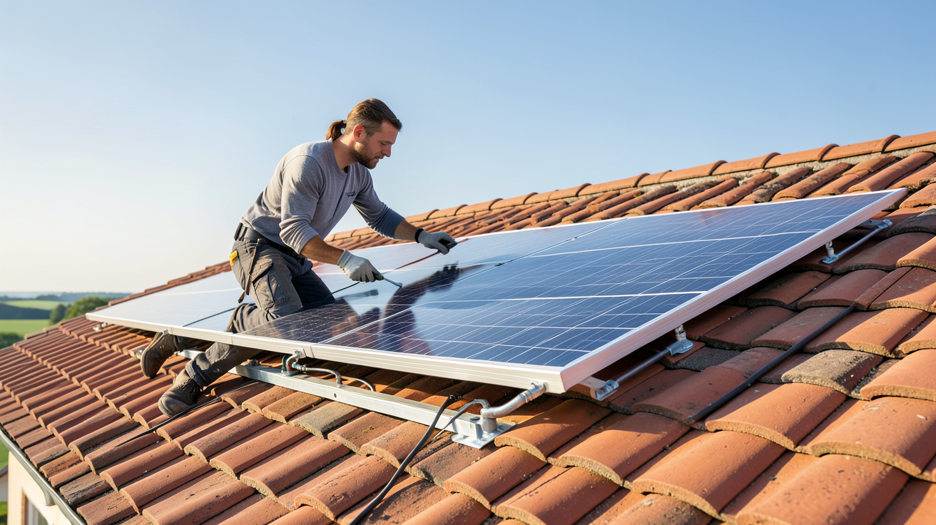 panneau solaire thermique Viessmann en cours d'installation sur une toiture avec technicien et détails des composants
