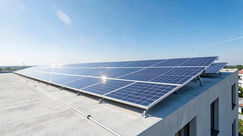 panneau solaire toit plat installé sur une terrasse moderne sous un ciel dégagé