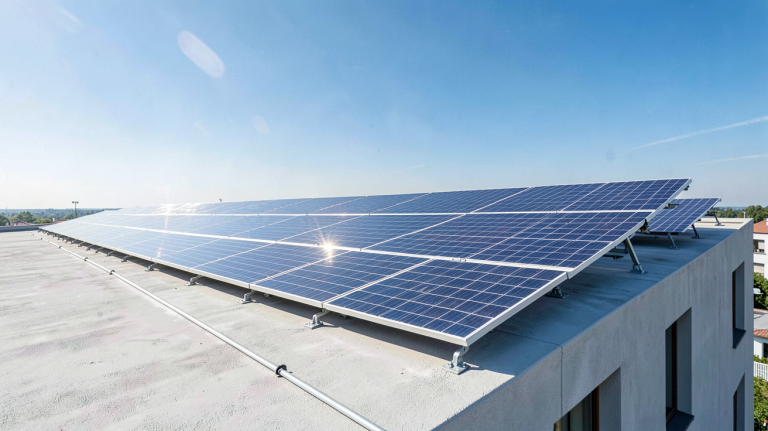panneau solaire toit plat installé sur une terrasse moderne sous un ciel dégagé