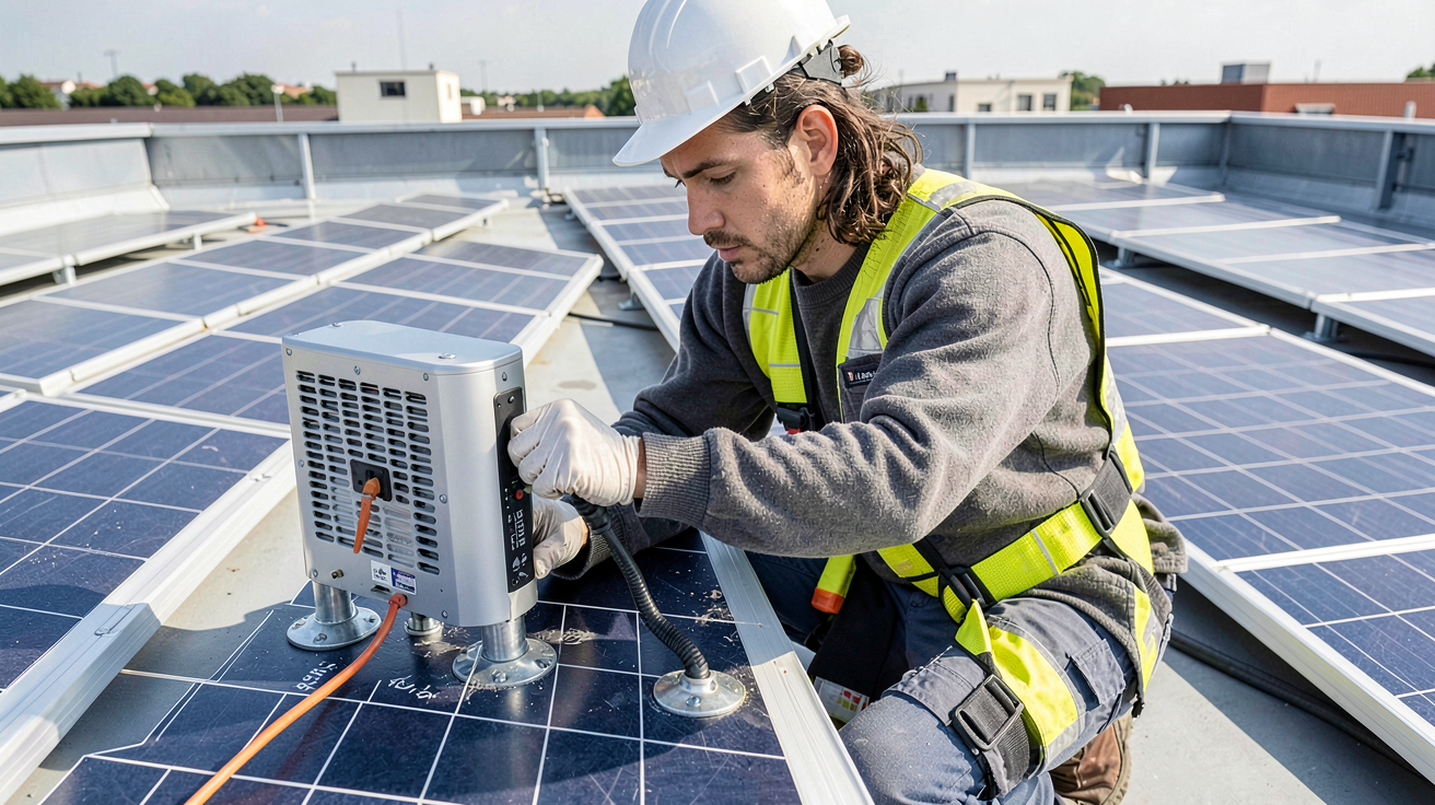 panneau solaire toit plat inspecté par un technicien professionnel pour garantir la sécurité et l'étanchéité
