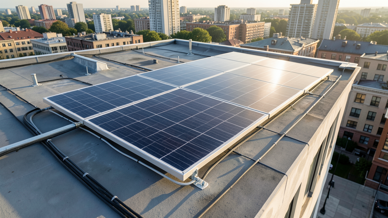 panneau solaire installé sur le toit-terrasse d'un immeuble avec vue sur la ville en arrière-plan