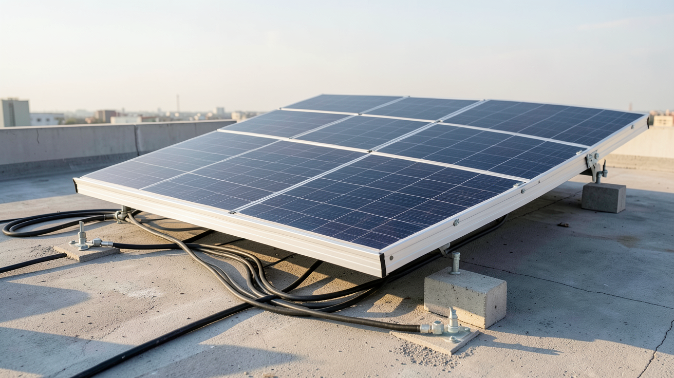 panneau solaire installé sur une terrasse plate avec des plots de lestage en béton pour la fixation