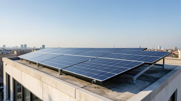 panneau solaire installé sur le toit-terrasse d'un immeuble urbain ensoleillé