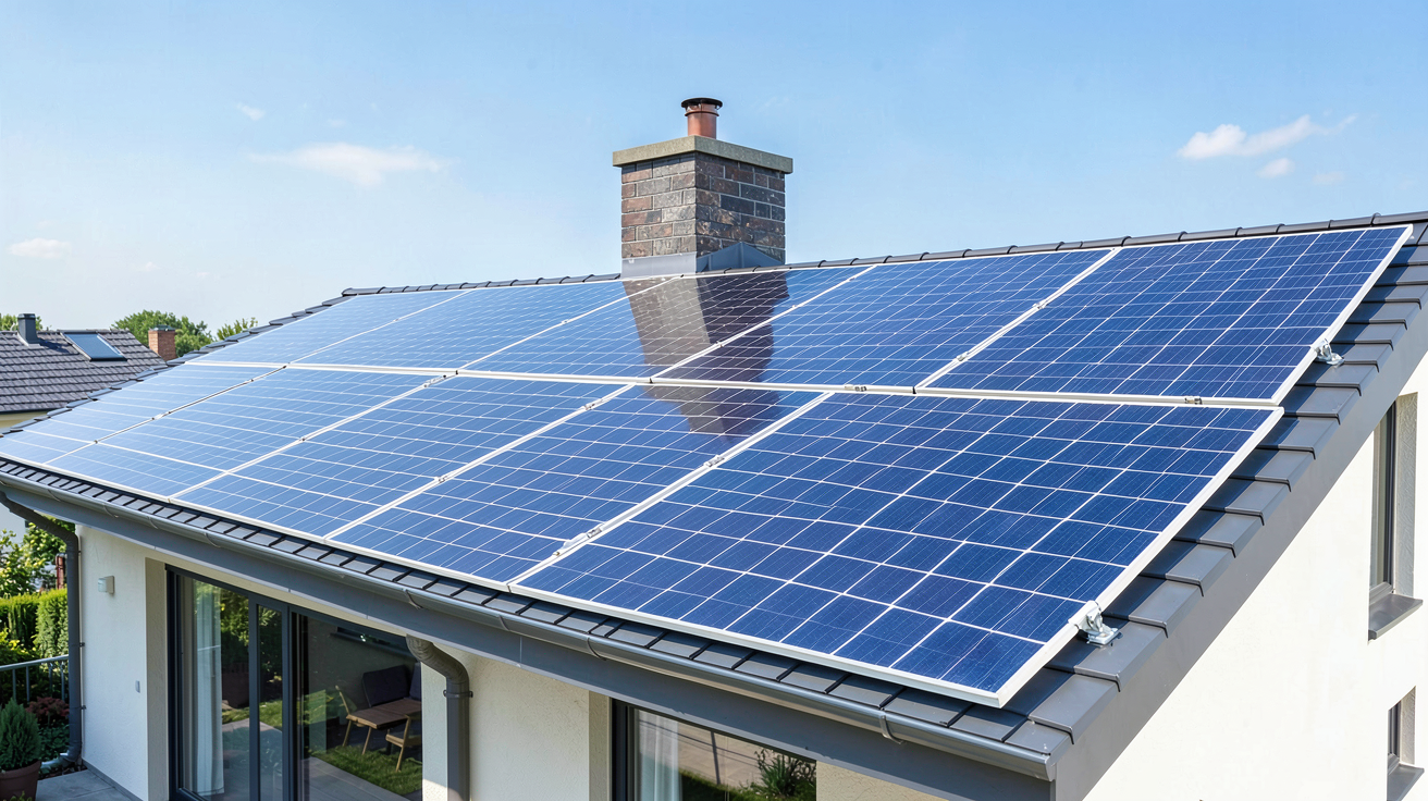panneau solaire installé sur le toit d'une maison moderne sous un soleil éclatant