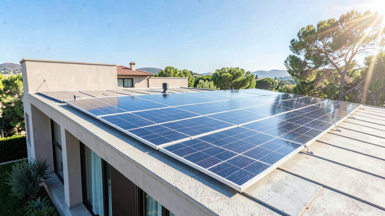 panneau solaire toiture installé sur le toit d'une maison moderne sous un ciel bleu