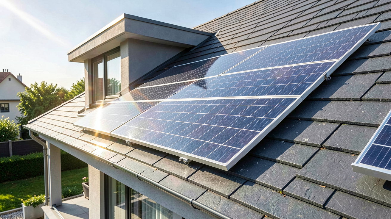 panneau solaire toiture installé sur une maison résidentielle moderne sous un soleil radieux