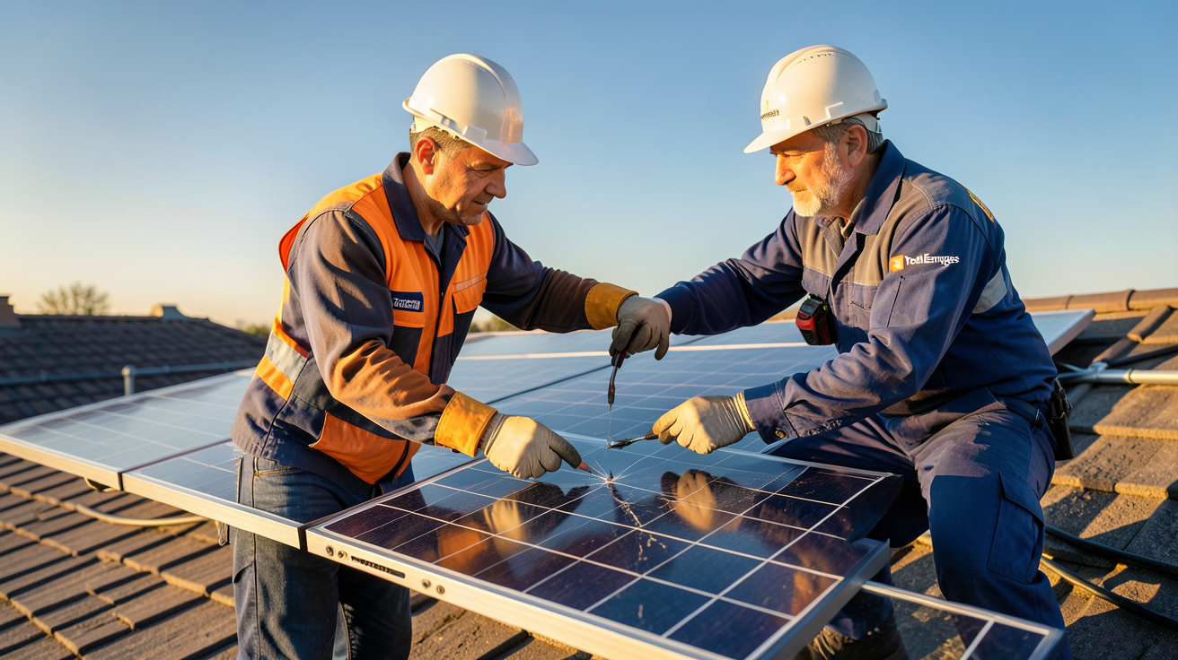 panneau solaire TotalEnergies avec installateur vérifiant les données de production sur un toit résidentiel