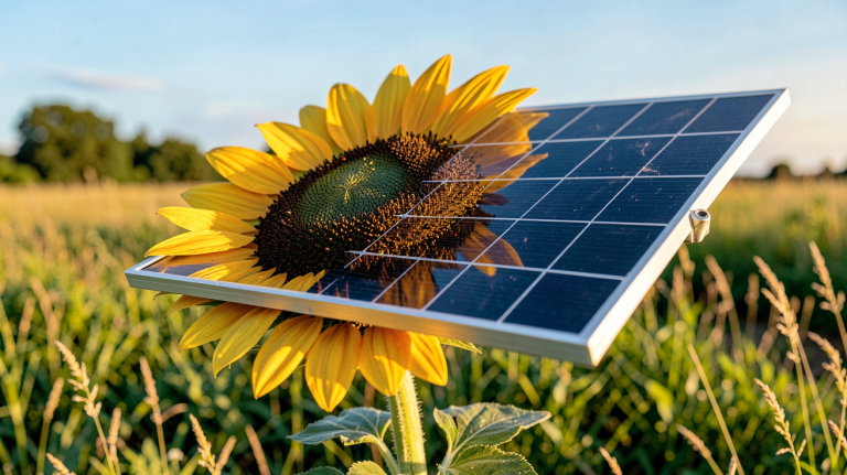 panneau solaire tournesol installé dans un champ ensoleillé avec des détails techniques visibles