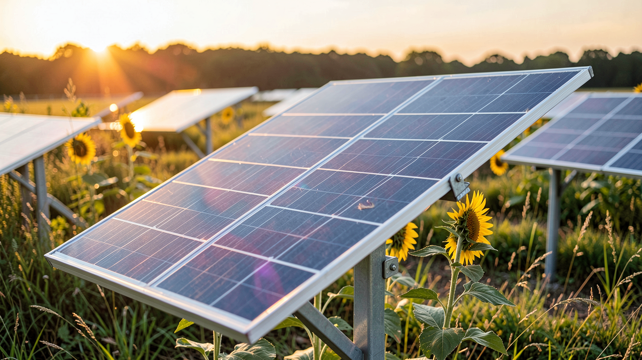 panneau solaire tournesol en mouvement comparé à des panneaux solaires fixes et autres trackers dans un champ ensoleillé