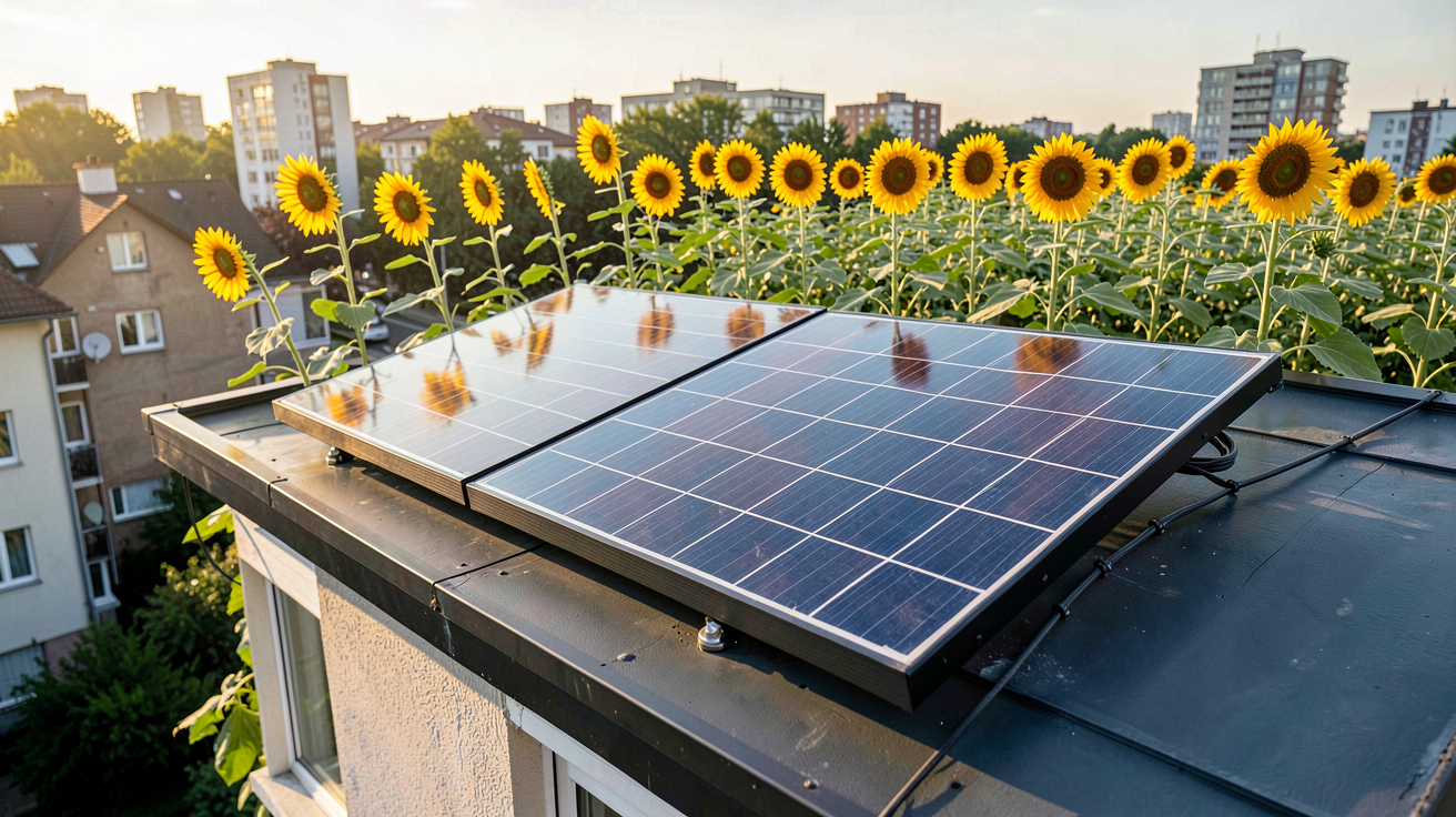 panneau solaire tournesol installé sur le toit d'une maison en milieu urbain avec des tournesols en arrière-plan
