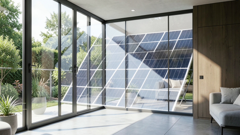 panneau solaire transparent intégré dans une véranda moderne, lumière naturelle traversant les surfaces vitrées