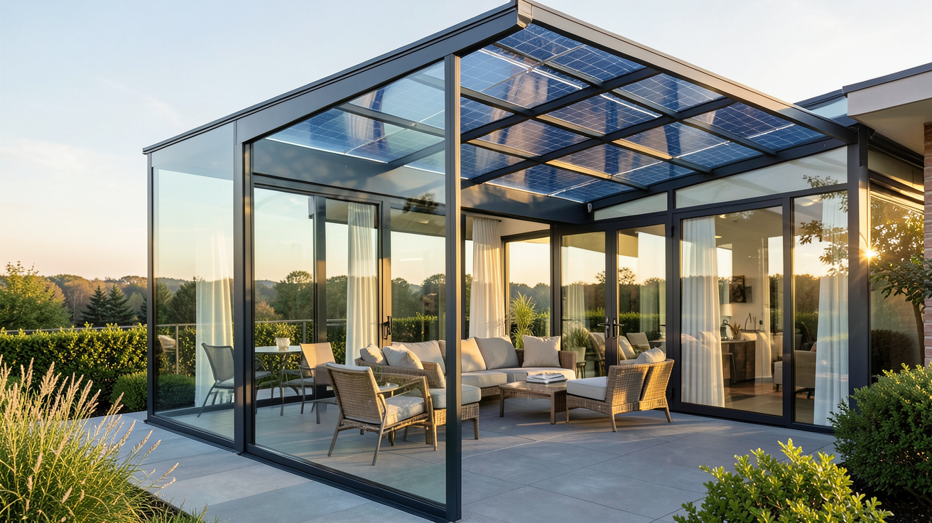 panneau solaire transparent pour véranda intégré dans une structure vitrée moderne