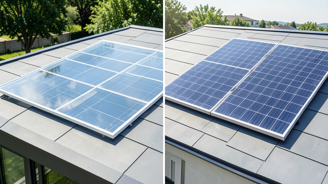 panneau solaire transparent prix : comparaison côte à côte avec un panneau solaire classique sur un toit de maison moderne
