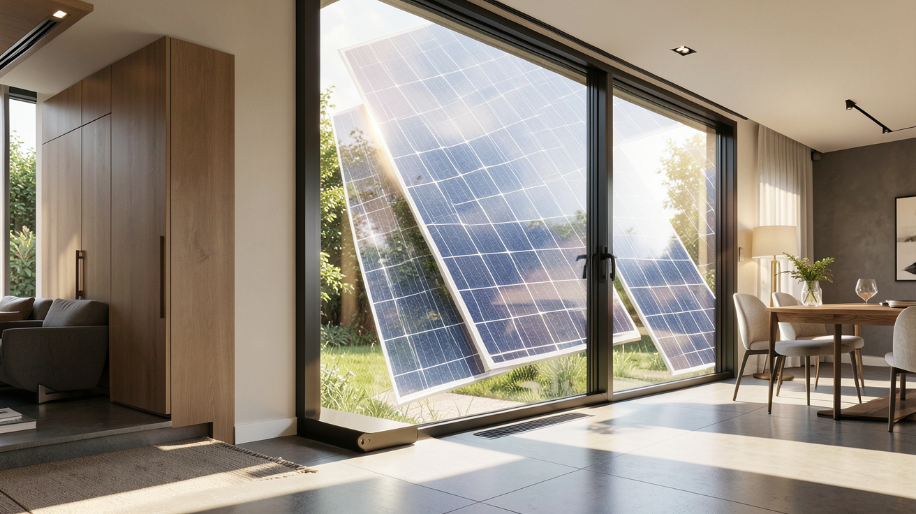 panneau solaire transparent intégré dans une fenêtre de maison moderne avec lumière naturelle traversante