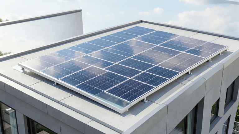 panneau solaire transparent prix montrant un panneau installé sur le toit d'un immeuble contemporain sous une lumière naturelle.