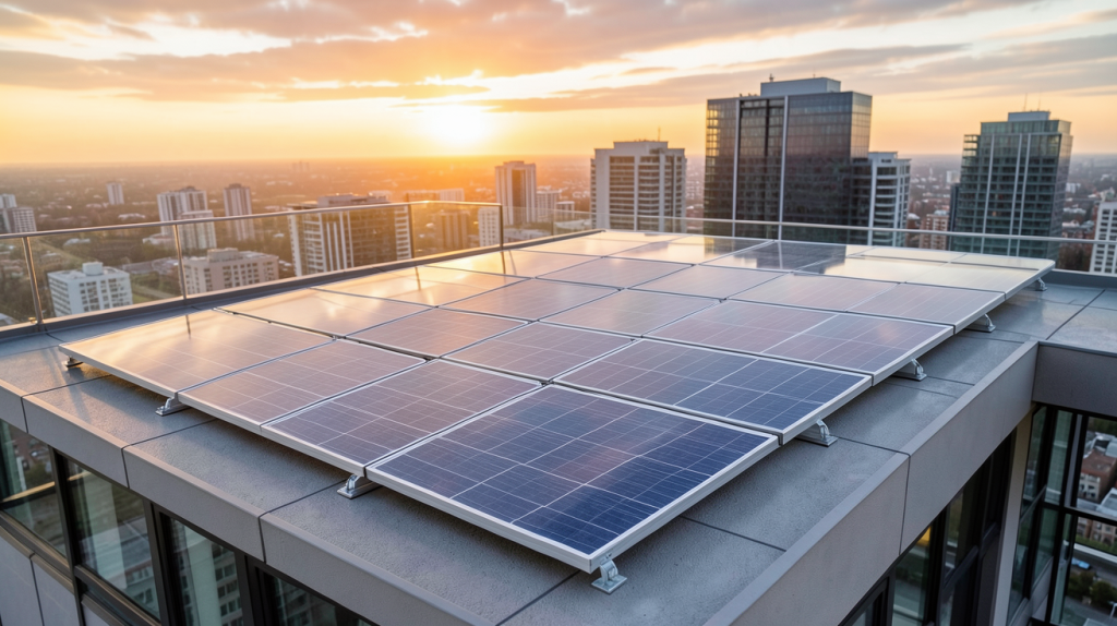 panneau solaire transparent intégré à une terrasse urbaine sur le toit d'un immeuble moderne