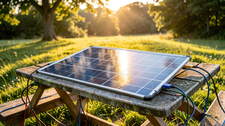 panneau solaire transportable déployé sur une table de pique-nique en plein air