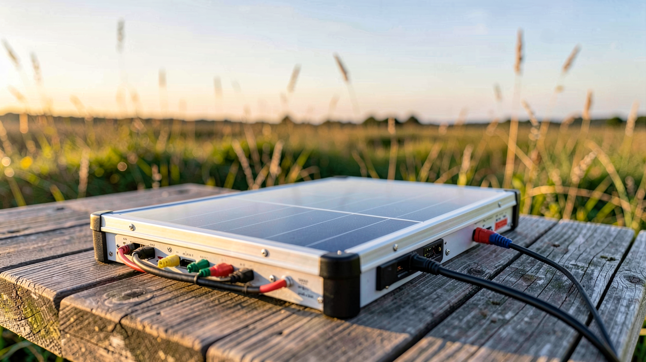 panneau solaire transportable posé sur une table en bois en extérieur avec lumière naturelle