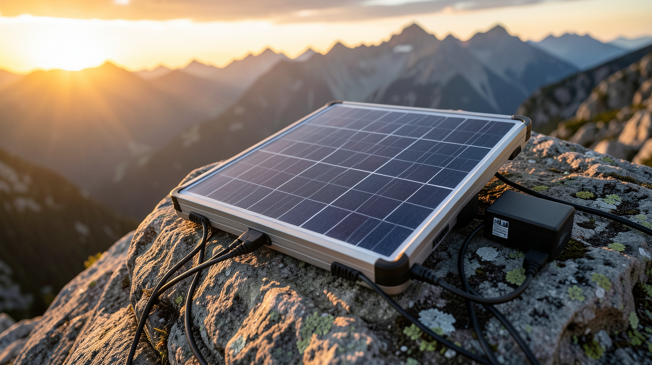 panneau solaire trekking posé sur un rocher en montagne avec une batterie externe connectée
