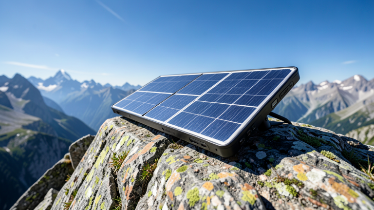 panneau solaire trekking installé sur un rocher en montagne sous un ciel bleu clair, avec lumière naturelle et visibilité maximale