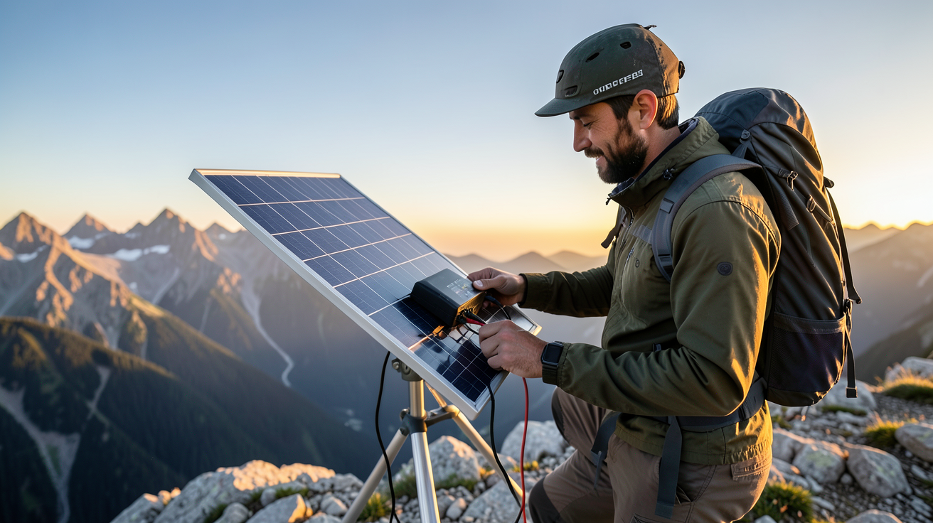 panneau solaire trekking utilisé par un randonneur en montagne pour optimiser l'autonomie énergétique