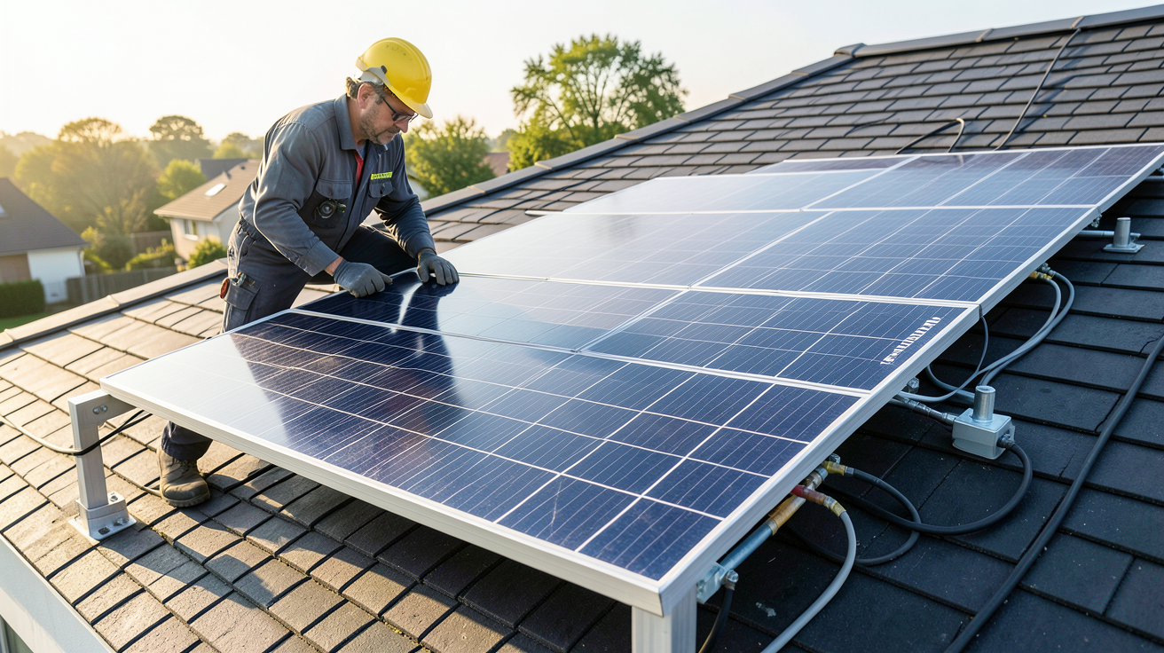 panneau solaire Trina Solar 400W en cours d'installation sur un toit résidentiel par un professionnel