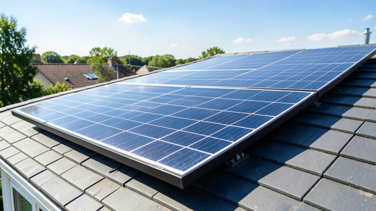 panneau solaire trina solar 400w installé sur un toit résidentiel sous le soleil, vue ultra réaliste