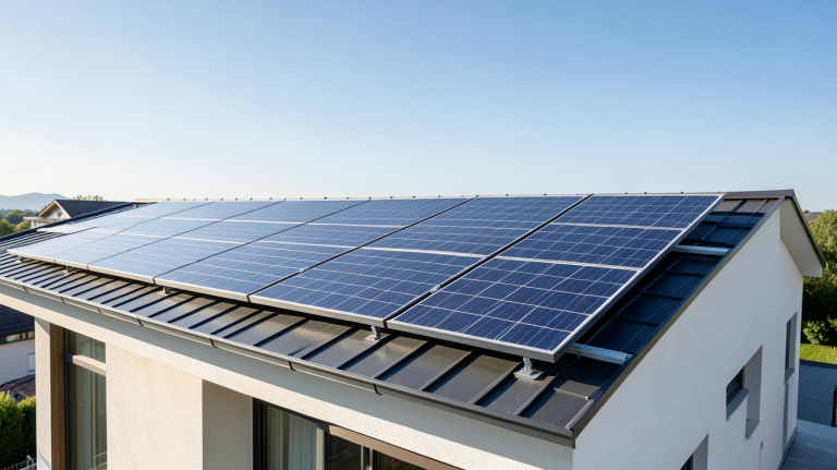 panneau solaire Trina Solar installé sur le toit d'une maison moderne sous un ciel dégagé