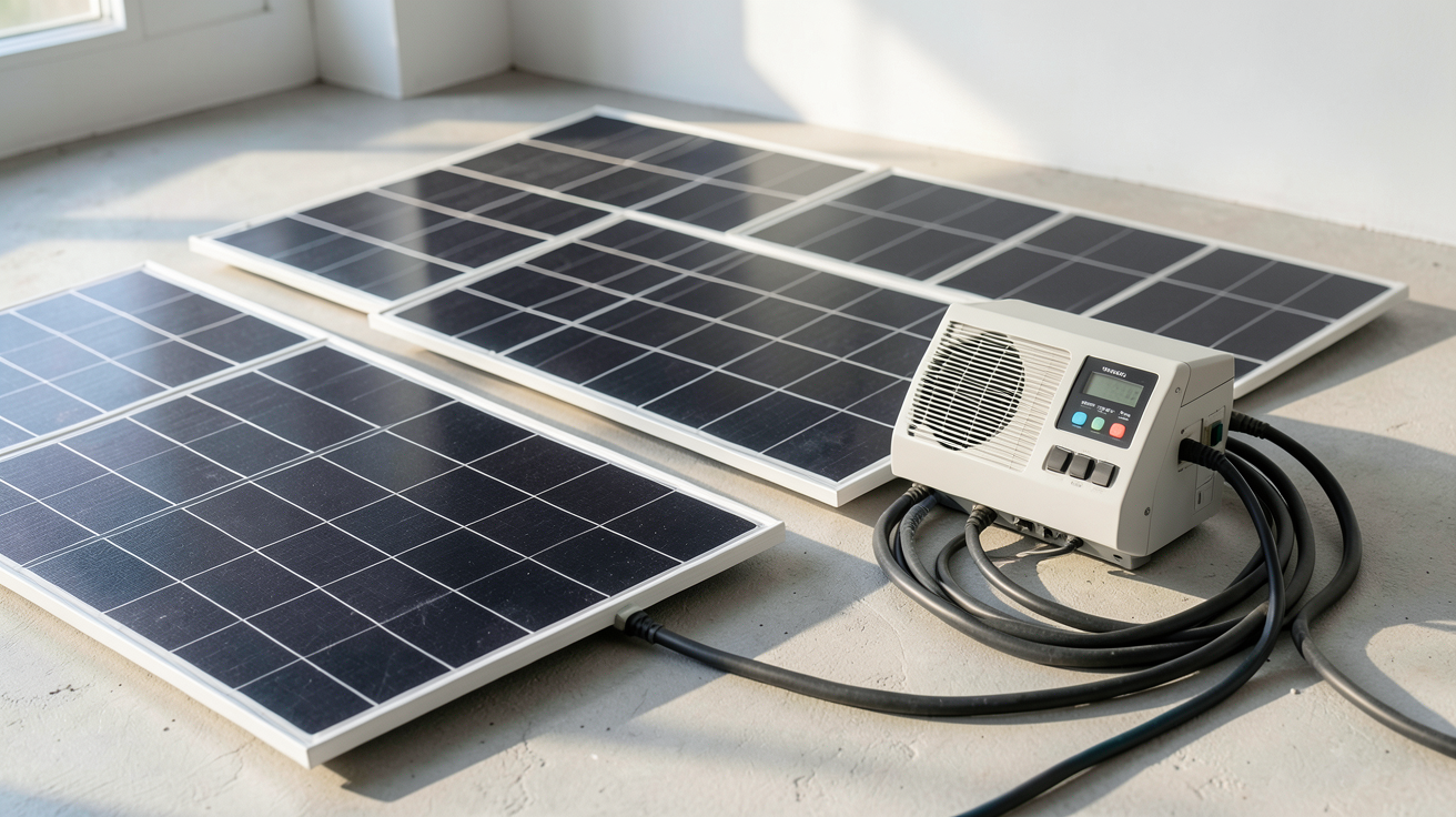panneau solaire triphasé en cours de dimensionnement avec onduleur et câbles électriques