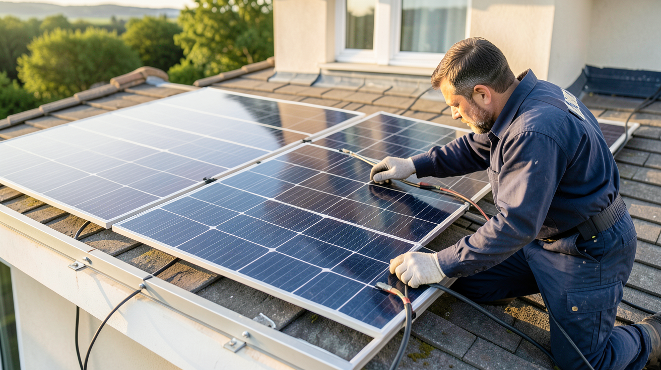 panneau solaire triphasé en cours d'installation sur le toit d'une maison avec un technicien