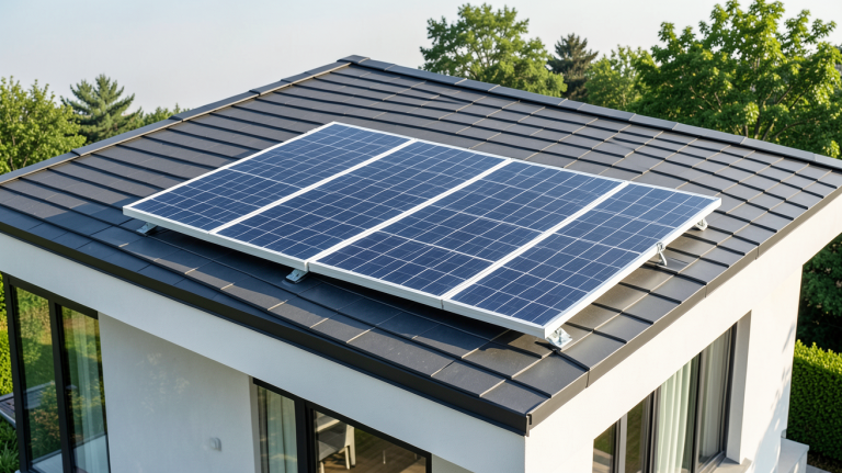 panneau solaire triphasé installé sur le toit d'une maison moderne, image nette et réaliste