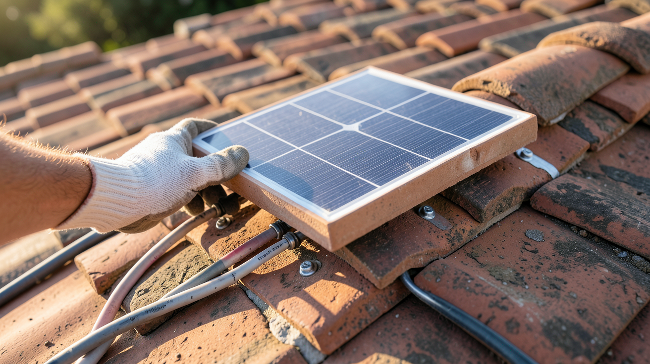 panneau solaire tuile lors de l'installation sur un toit en tuiles traditionnelles