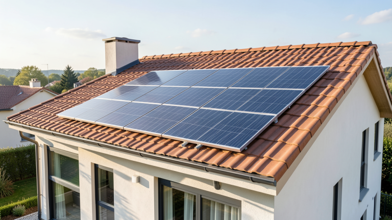 panneau solaire tuile installé sur le toit d'une maison moderne, capturée en haute résolution.