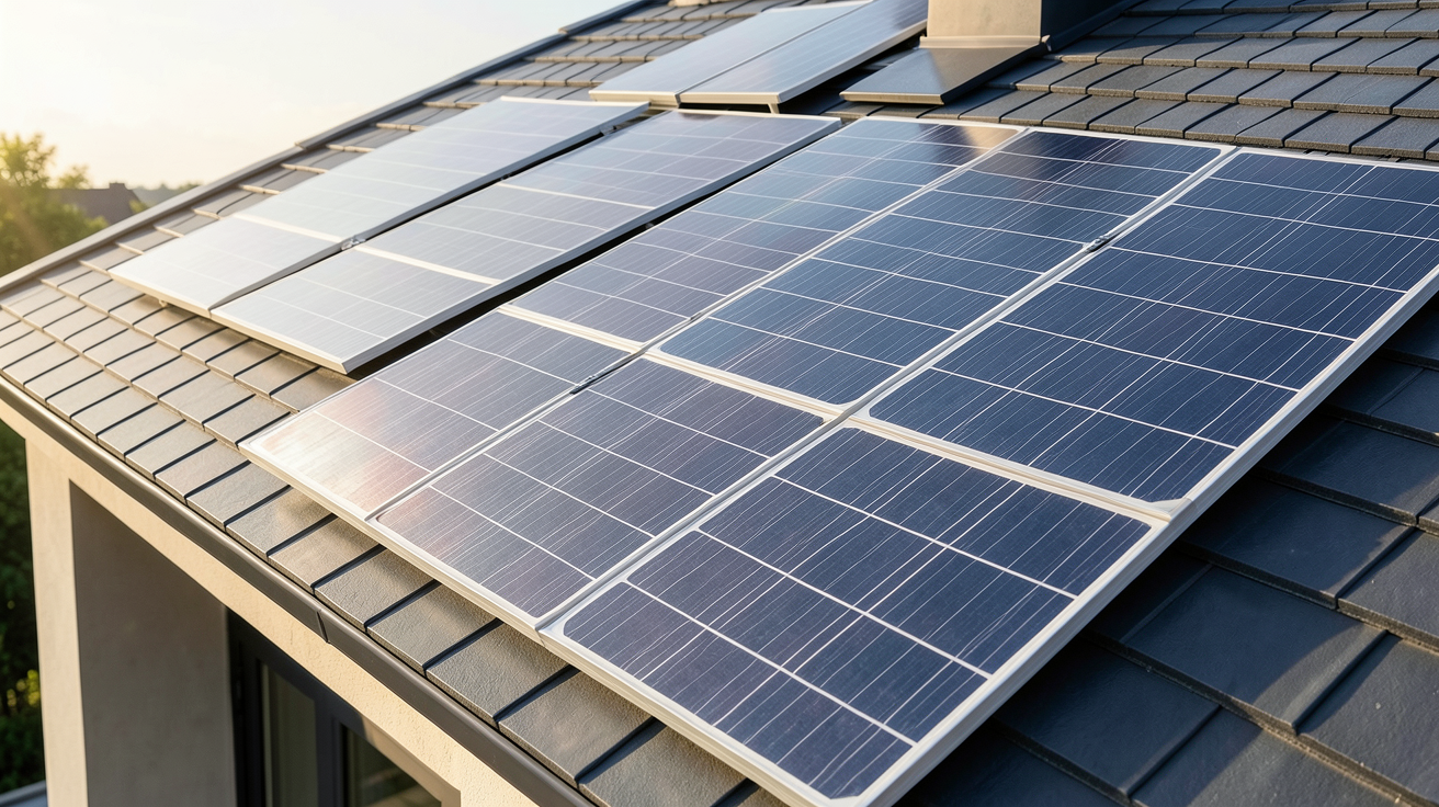panneau solaire tuile photovoltaique installé sur une toiture contemporaine avec un panneau classique en surimposition