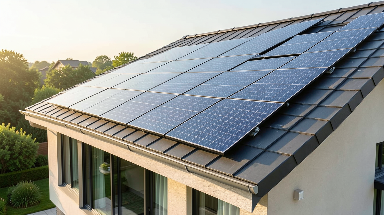 panneau solaire tuile photovoltaique installée sur une toiture de maison contemporaine