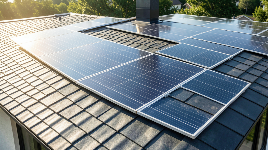 panneau solaire tuile photovoltaique installé de manière esthétique sur le toit d'une maison moderne