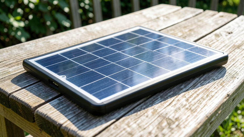 panneau solaire usb branché à un smartphone en charge sur une terrasse ensoleillée