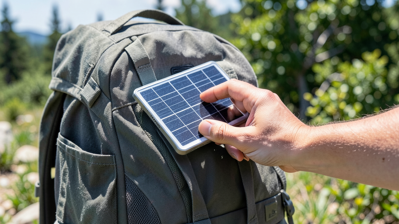 panneau solaire usb installé sur un sac à dos pour charger un smartphone en extérieur
