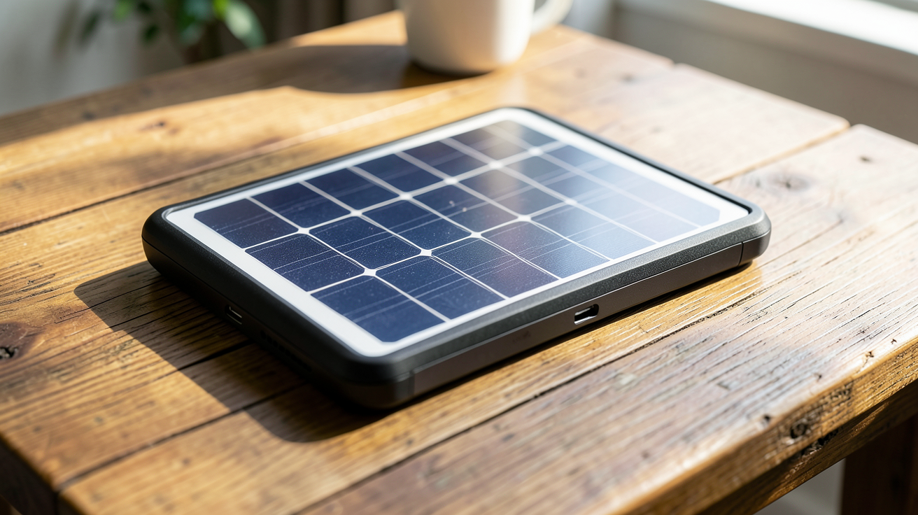 panneau solaire usb pliable et portable sur une table en bois avec lumière naturelle