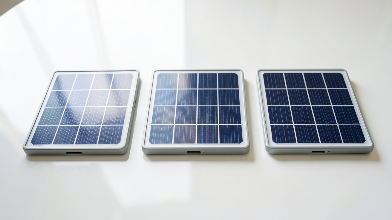 panneau solaire usb montrant cinq modèles différents de panneaux solaires USB disposés côte à côte