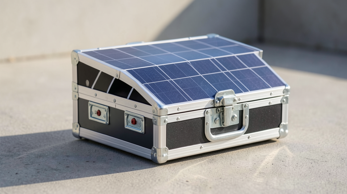panneau solaire valise compact posé sur une surface plane en extérieur