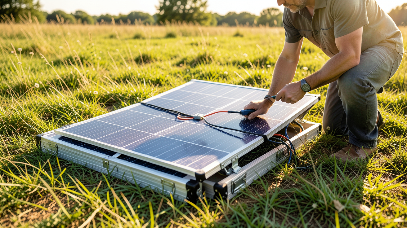 panneau solaire valise en cours d'installation sur un terrain herbeux par une personne