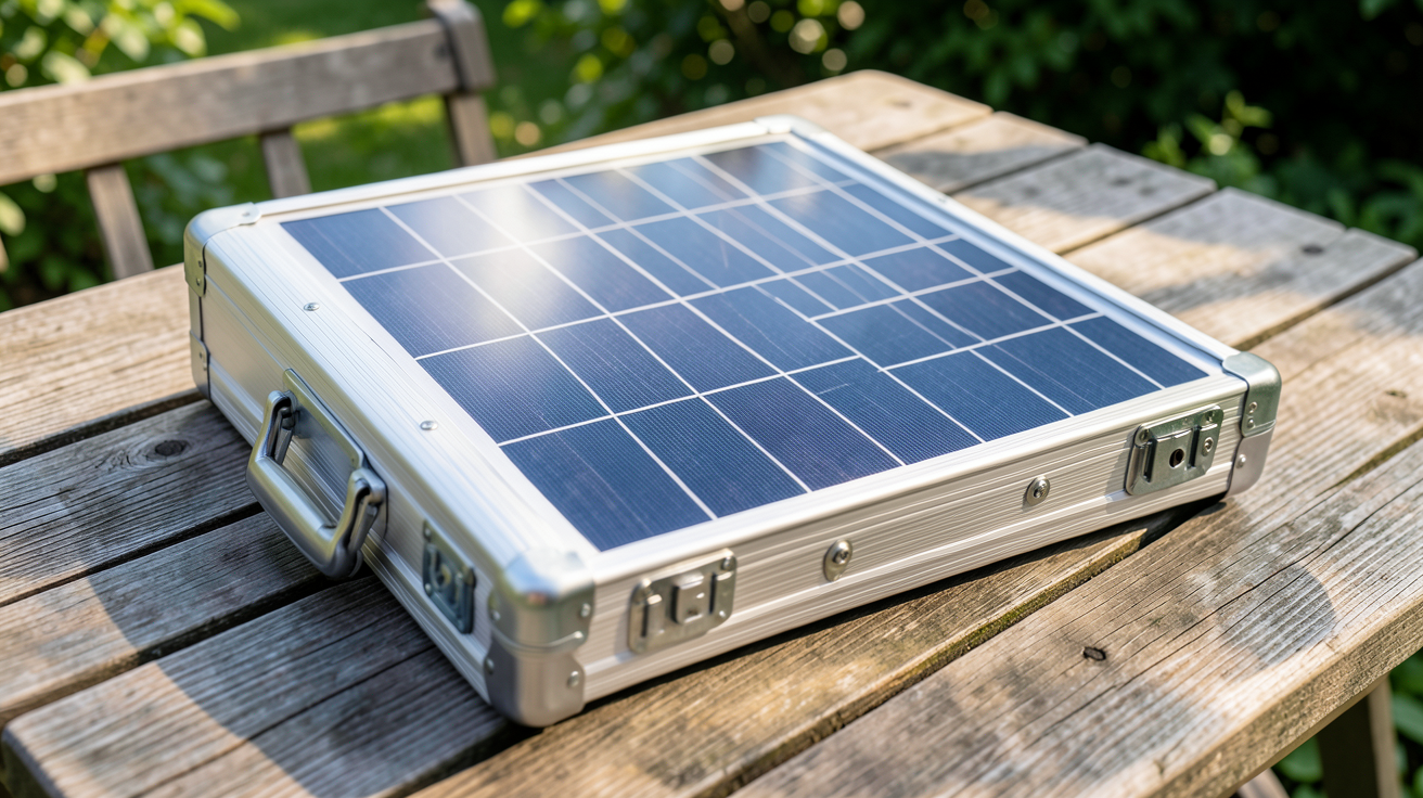 panneau solaire valise portable posé sur une table en bois extérieur avec lumière naturelle