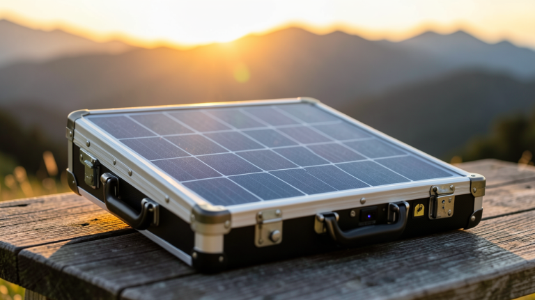 panneau solaire valise posé sur une table en bois en plein air lors d'un coucher de soleil
