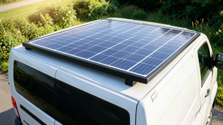 panneau solaire van aménagé installé sur le toit d'un van aménagé