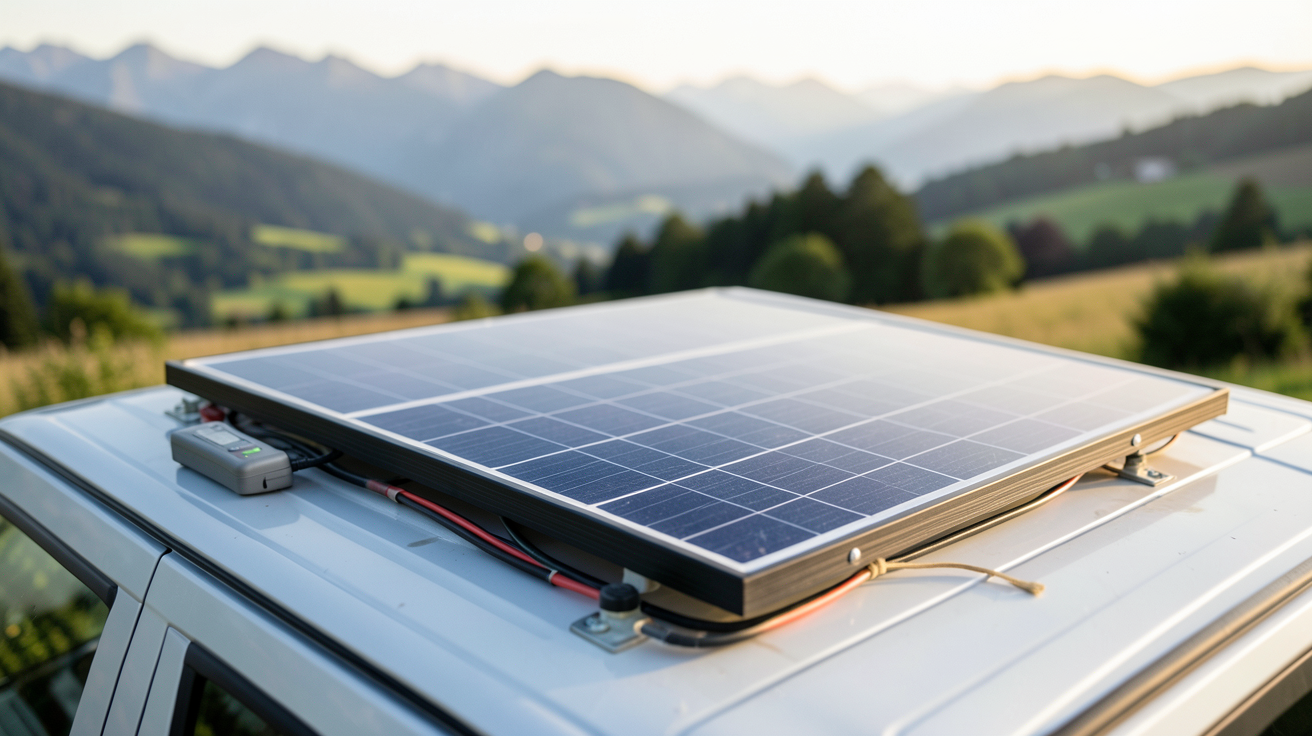 panneau solaire installé sur le toit d'un van aménagé pour calculer la puissance nécessaire