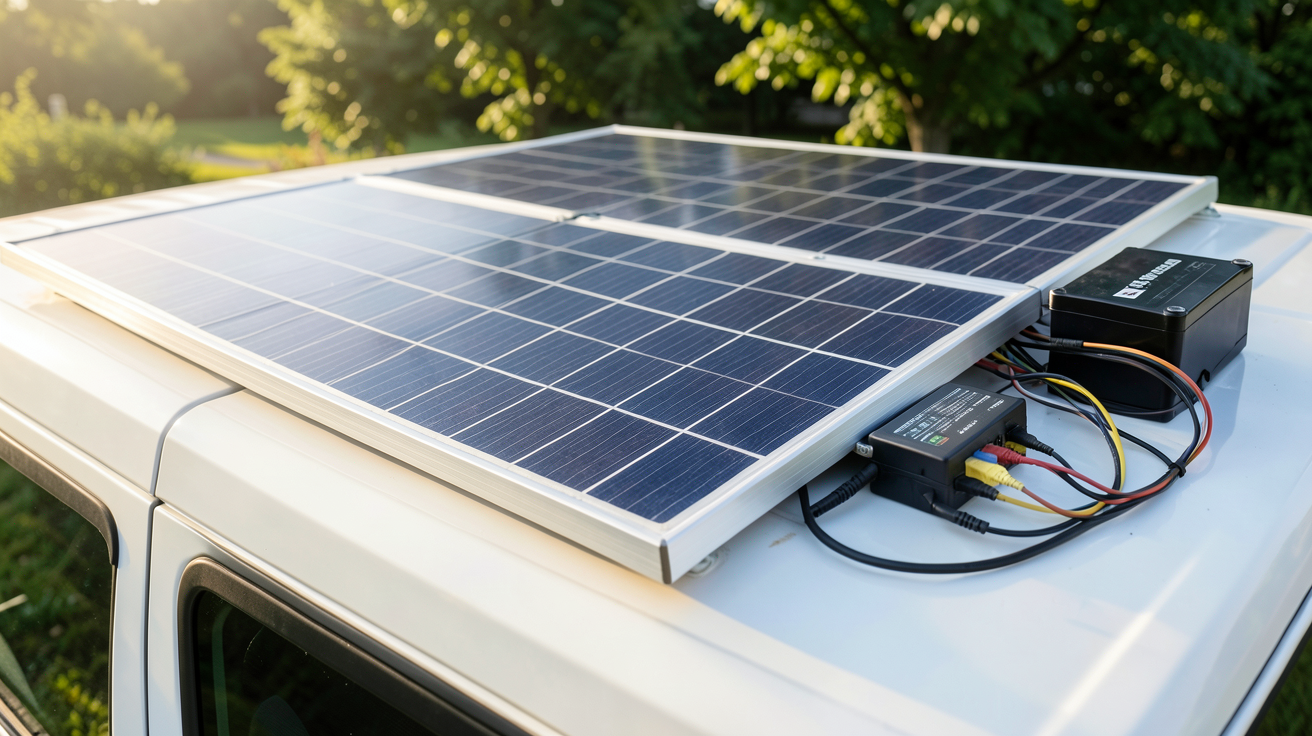 panneau solaire monocristallin installé sur le toit d'un van aménagé avec kit complet