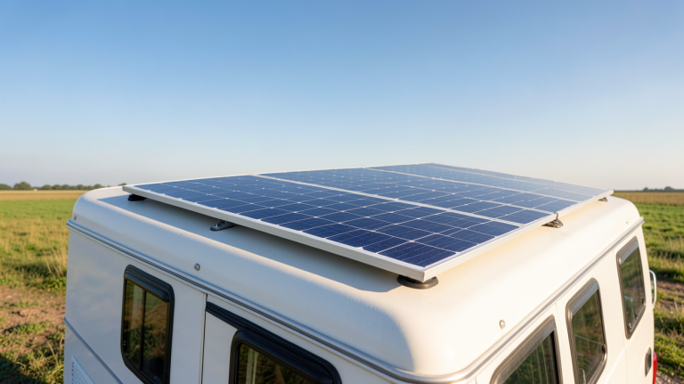panneau solaire installé sur le toit d'un van aménagé en camping-car