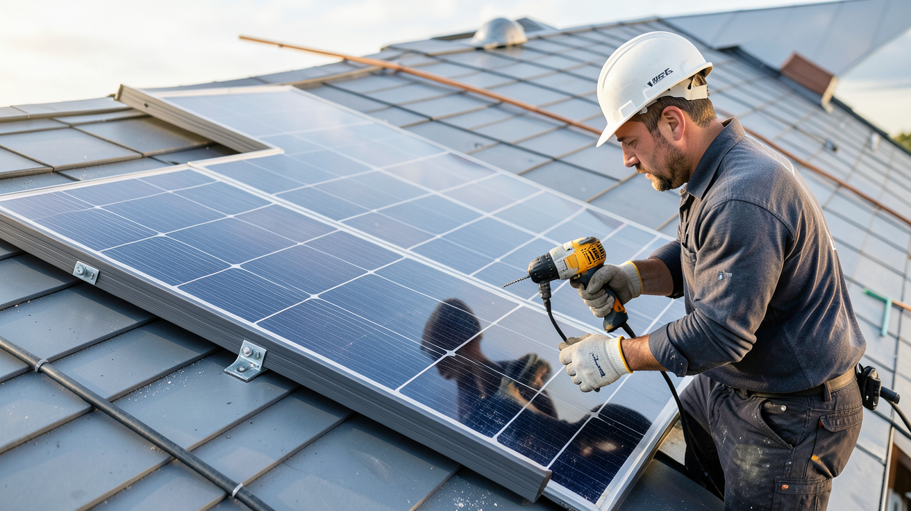 panneau solaire Velux en cours d'installation sur un toit incliné par un professionnel
