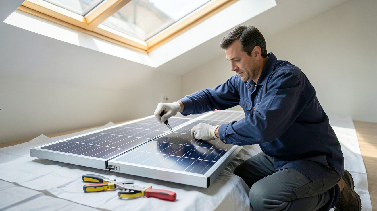 panneau solaire Velux avec technicien remplaçant une cellule photovoltaïque, mode d'emploi visuel
